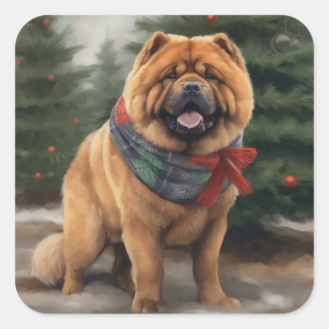 Sticker Carré Chow Chow Chien de Noël en neige (Devant)