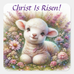 Sticker Carré Christ est ressuscité Aquarelle Pâques Agneau Fleu