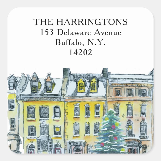 Sticker Carré Christmas Brownstone Golden Hand-Drawn Adresse (Devant)