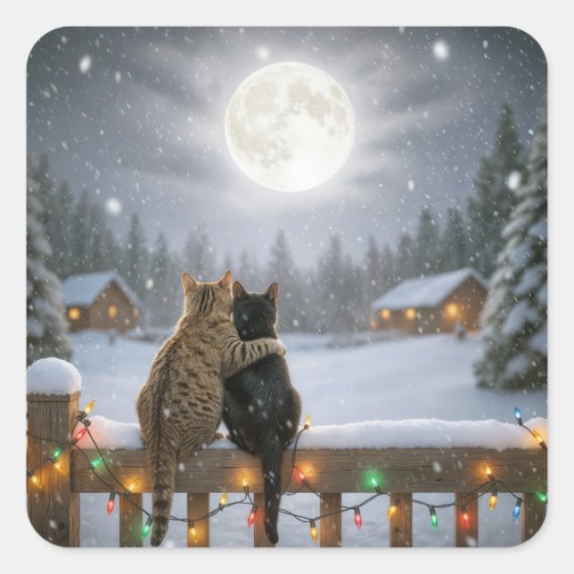 Sticker Carré Christmas Cats Cuddling On a Snowy Fence (Devant)