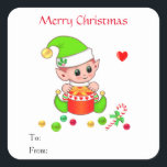 Sticker Carré Christmas Cute Elf pour Cadeaux & Faveurs<br><div class="desc">Stickers Elf de Noël mignon. Tous les textes peuvent être personnalisés pour Noël,  anniversaire,  cadeaux,  étiquettes de jarres et plus encore.</div>