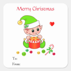 Sticker Carré Christmas Cute Elf pour Cadeaux & Faveurs