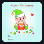 Sticker Carré Christmas Cute Elf pour Cadeaux & Faveurs<br><div class="desc">Stickers Elf de Noël mignon. Tous les textes peuvent être personnalisés pour Noël,  anniversaire,  cadeaux,  étiquettes de jarres et plus encore.</div>
