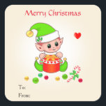 Sticker Carré Christmas Cute Elf sur Beige pour Cadeaux & Faveur<br><div class="desc">Christmas Cute Elf sur Stickers beige. Tous les textes peuvent être personnalisés pour Noël,  anniversaire,  cadeaux,  étiquettes de jarres et plus encore.</div>