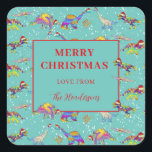 Sticker Carré Christmas Dinosaur Motif ajouter Nom de famille<br><div class="desc">Un Noël à l'ancienne vient d'être beaucoup plus amusant avec ces autocollants cadeaux préhistoriques personnalisés. Ajoutez vos noms et salutations à ce joli T Rex coloré, velociraptor, stegosaurus, pterodactyl, triceratops, brachiosaurus et brontosaurus dans les chapeaux de Santa profiter de la neige. Un festival de paléontologie pour les enfants et les...</div>