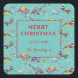 Sticker Carré Christmas Dinosaur Motif ajouter Nom de famille<br><div class="desc">Un Noël à l'ancienne vient d'être beaucoup plus amusant avec ces autocollants cadeaux préhistoriques personnalisés. Ajoutez vos noms et salutations à ce joli T Rex coloré, velociraptor, stegosaurus, pterodactyl, triceratops, brachiosaurus et brontosaurus dans les chapeaux de Santa profiter de la neige. Un festival de paléontologie pour les enfants et les...</div>