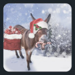 Sticker Carré Christmas donkey with funny<br><div class="desc">donkey mule christmas animal,  smile cheerful beautiful comic,  red gray furry happy ,  snow xmas winter fun , </div>