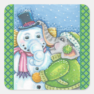 STICKER CARRÉ CHRISTMAS ÉLÉPHANT CONSTRUCTION CUTE PACHYDERM SNO