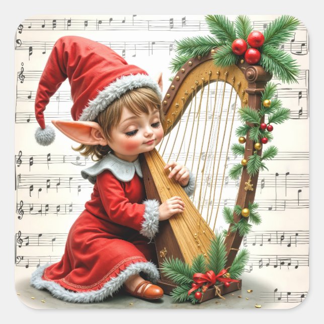 Sticker Carré Christmas Elf Playing a Harp (Devant)