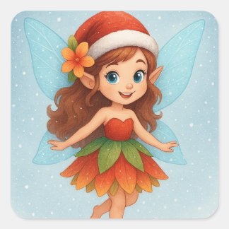 Sticker Carré Christmas Fairy ,Cute Winter Fairy Holiday