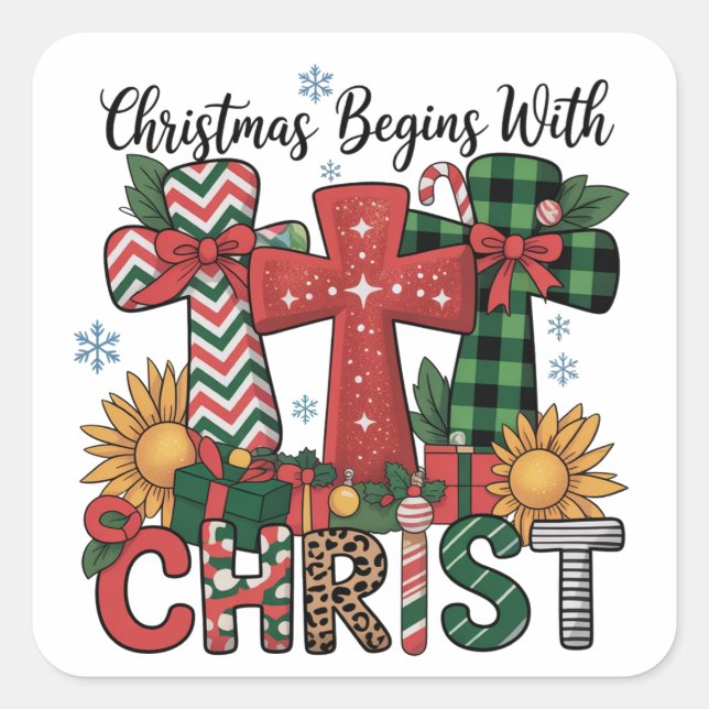 Sticker Carré Christmas Gift Merry Xmas Plaid Religious Cross  (Devant)