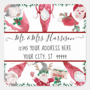 Sticker Carré Christmas Gnome Deer Antler Red Watercolor Adresse