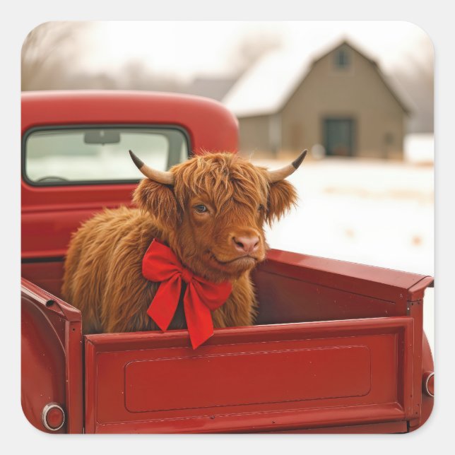 Sticker Carré Christmas Highland Cow In Old Red Truck (Devant)