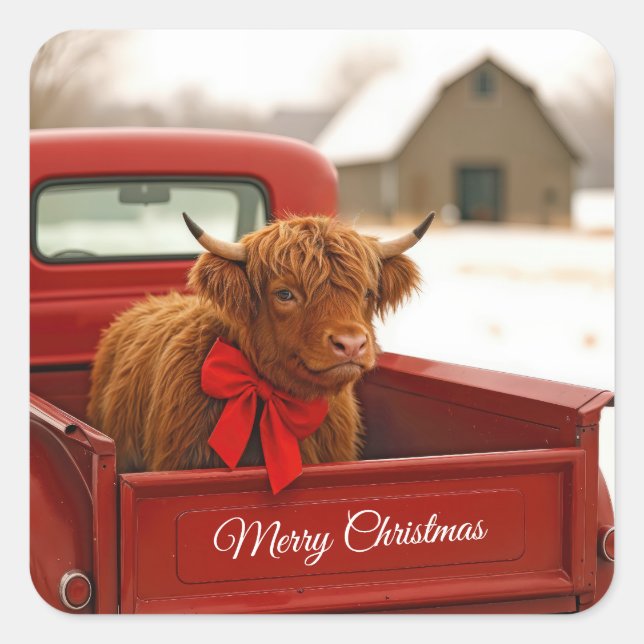 Sticker Carré Christmas Highland Cow In Old Red Truck (Devant)