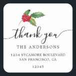 Sticker Carré Christmas Holly Berries Merci Adresse de retour<br><div class="desc">Noël vert merci retournez l'étiquette d'adresse avec une touche élégante de sainte et de baies. Ajoutez simplement vos noms et adresses dans une calligraphie de script hors-noir et élégante et de la typographie stylisée sur un arrière - plan blanc. Parfait pour les cadeaux de Noël ou comme enveloppe. Conçu exclusivement...</div>