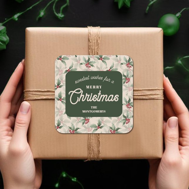 Sticker Carré Christmas Holly Berry Homemade Food Holiday Baking (Sweetest Wishes for a Merry Christmas holly and berries homemade food holiday baking square stickers)