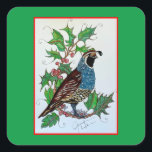 Sticker Carré Christmas Holly Quail<br><div class="desc">Oh la "Joie" de "Noël". Créé à partir du design original de l'artiste international Jennifer Lake. L'art de la caille provient d'un ensemble de 3. Quel grand objet qui peut être utilisé pour donner des cadeaux et fera un merveilleux cadeau de réchauffement de la maison! Profitez de TOUS les designs....</div>