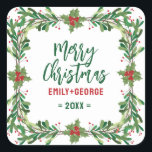 Sticker Carré Christmas Holly Wreath<br><div class="desc">Couronne de Noël avec texte personnalisable - Joyeux Noël. Elégant design moderne aquarelle vacances design.</div>