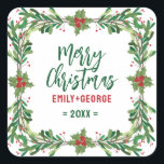 Sticker Carré Christmas Holly Wreath<br><div class="desc">Couronne de Noël avec texte personnalisable - Joyeux Noël. Elégant design moderne aquarelle vacances design.</div>