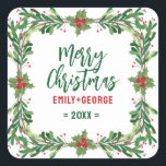 Sticker Carré Christmas Holly Wreath<br><div class="desc">Couronne de Noël avec texte personnalisable - Joyeux Noël. Elégant design moderne aquarelle vacances design.</div>