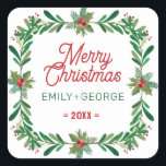 Sticker Carré Christmas Holly Wreath Joyeux Texte de Noël<br><div class="desc">Serre de Noël avec texte personnalisable - Joyeux Noël,  noms,  et l'année.. Elégant design moderne aquarelle vacances design.</div>