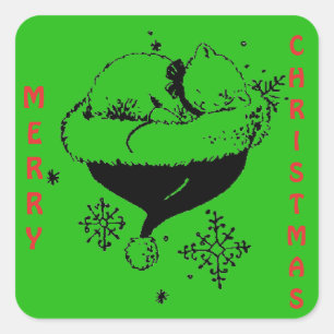 Sticker Carré Christmas Kitten Dormir à Père Noël Casquette BW D