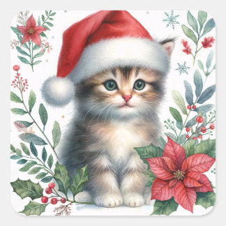 Sticker Carré Christmas Kitten In Santa Hat