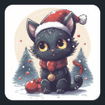 Sticker Carré Christmas Kitty dans une Wonderland d'hiver<br><div class="desc">C'est une illustration émouvante d'un chat noir orné d'un foulard rouge festif et d'un chapeau de Père Noël, assis au milieu d'une scène enneigée avec des pins et des flocons de neige tombant dans l'arrière - plan. Les grands yeux brillants du chat et les formes arrondies et douces utilisées dans...</div>