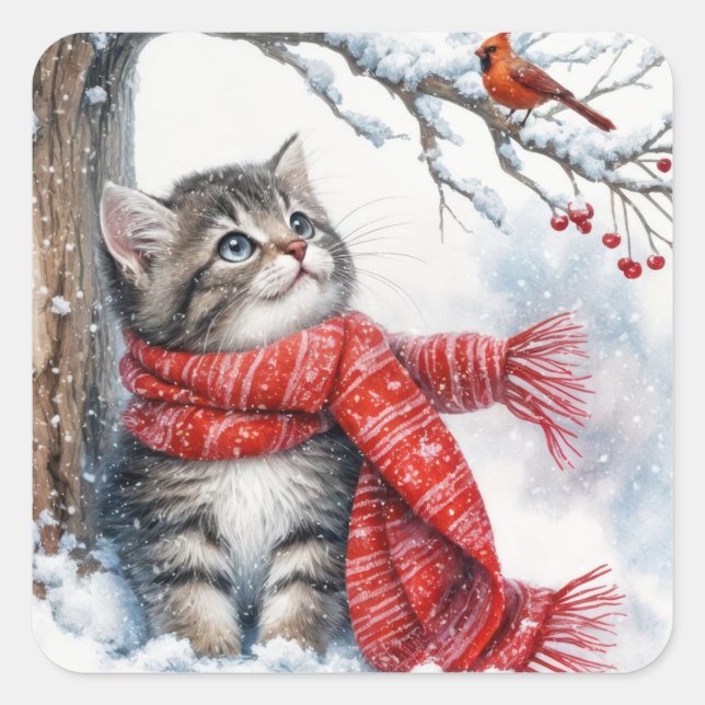 Sticker Carré Christmas Kitty Regarder un cardinal (Devant)
