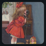 Sticker Carré Christmas Little Girl Téléphone Antique<br><div class="desc">Cette belle image provient d'une ancienne carte de Noël,  montrant une petite fille qui fait son appel téléphonique de Noël. Vintage et ancien.</div>