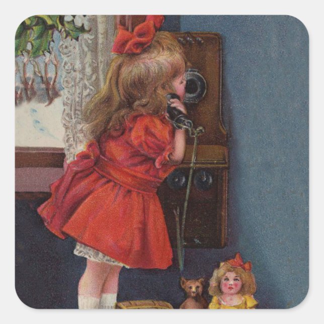 Sticker Carré Christmas Little Girl Téléphone Antique (Devant)