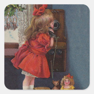 Sticker Carré Christmas Little Girl Téléphone Antique
