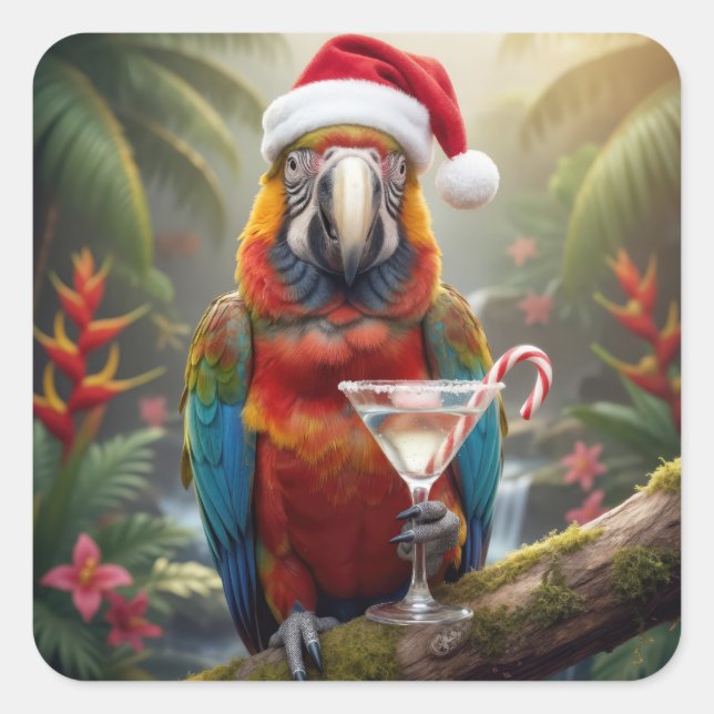 Sticker Carré Christmas Macaw Parrot With Martini Cocktail (Devant)