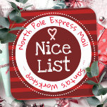 Sticker Carré Christmas Nice Liste North Pôle Mail Carré Sticke<br><div class="desc">Arrière - plan motif rayé. Belle liste Pôle Nord express mail plaisir Noël étiquettes cadeaux de Noël. Autocollants amusants à ajouter aux cadeaux pour enfants! rouge</div>