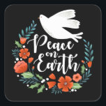 Sticker Carré Christmas Peace on Earth Script<br><div class="desc">Un joli autocollant de Noël avec une colombe dans une couronne fleurie avec les mots Paix sur Terre dans une police de caractères élégante. L'autocollant de Noël est conçu en noir,  blanc et rouge. Conçu pour vous par Blackberry Boulevard.</div>