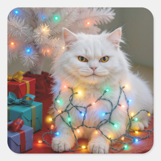 Sticker Carré Christmas Persian Cat Tangled in Holiday Lights (Devant)
