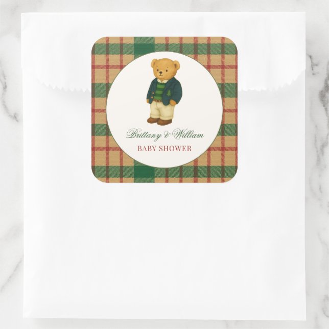 Sticker Carré Christmas Plaid Preppy Bear Baby Shower  (Sac)