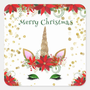 Sticker Carré Christmas Poinsettia Unicorn Green Party Favorisen