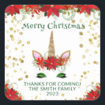Sticker Carré Christmas Poinsettia Unicorn Green Party Favorisen<br><div class="desc">Christmas Poinsettia Unicorn party favorise Merci stickers en Vert pour une fête de vacances festive.</div>
