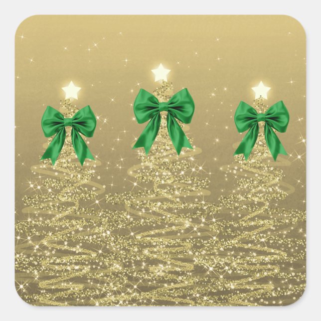 Sticker Carré Christmas Sparkling Trees Gold Faux Green Bow  (Devant)
