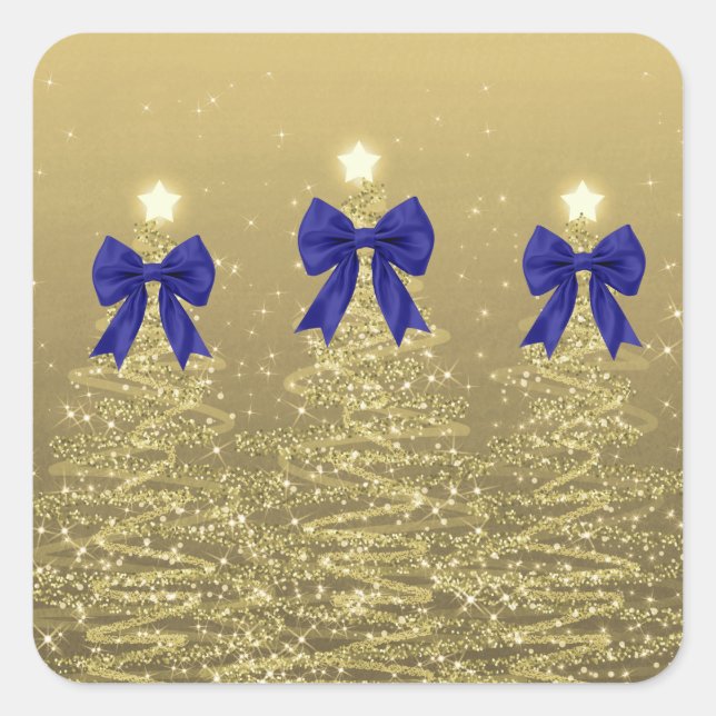 Sticker Carré Christmas Sparkling Trees Gold Faux Navy Bow  (Devant)