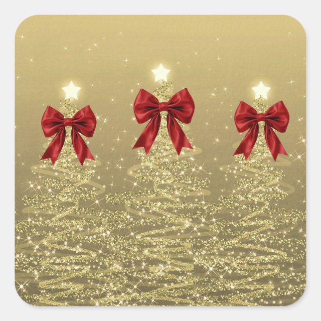 Sticker Carré Christmas Sparkling Trees Gold Faux Red Bow  (Devant)
