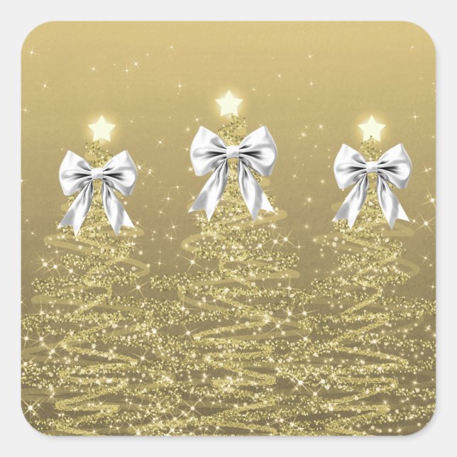 Sticker Carré Christmas Sparkling Trees Gold Faux Silver Bow  (Devant)