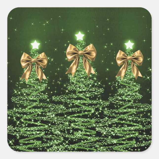 Sticker Carré Christmas Sparkling Trees Green Faux Gold Bow  (Devant)