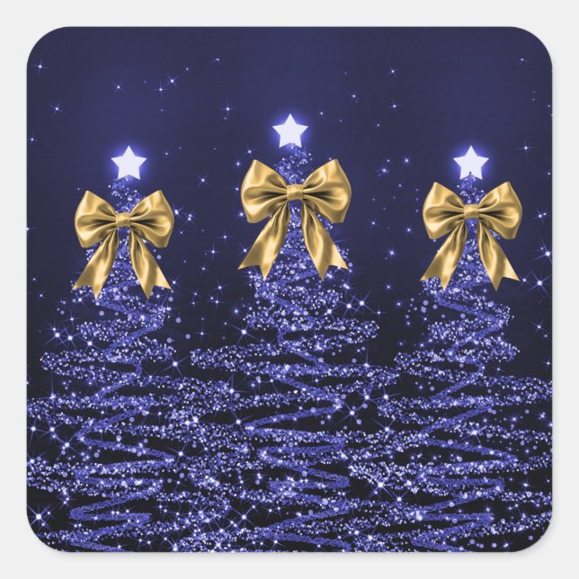 Sticker Carré Christmas Sparkling Trees Navy Blue Faux Gold Bow  (Devant)