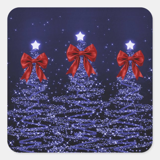 Sticker Carré Christmas Sparkling Trees Navy Blue Faux Red Bow  (Devant)