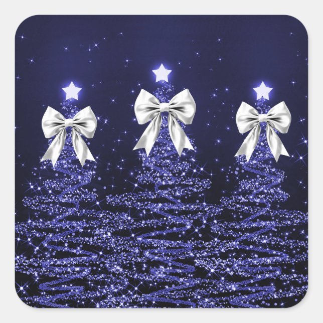 Sticker Carré Christmas Sparkling Trees Navy Faux Silver Bow  (Devant)