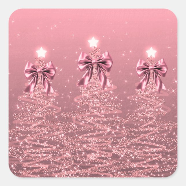 Sticker Carré Christmas Sparkling Trees Pink Blush Faux Bow  (Devant)