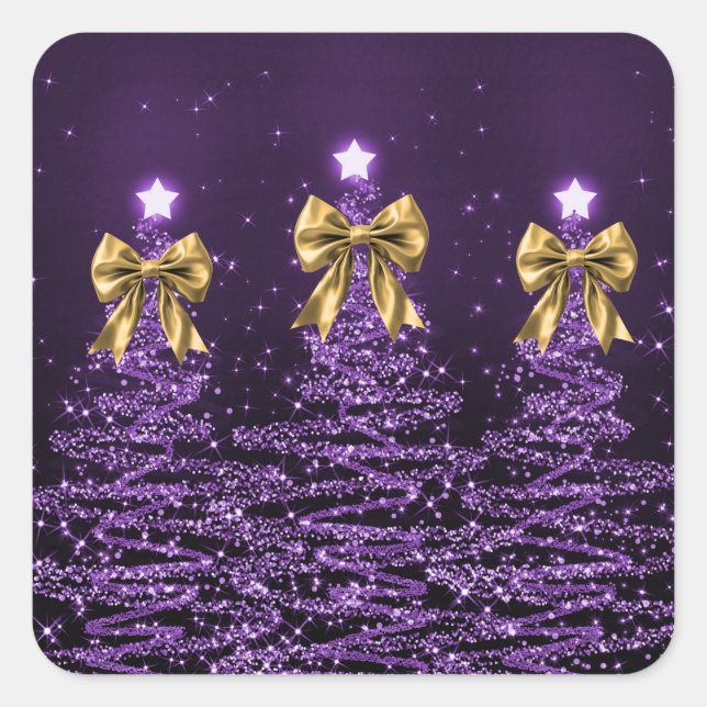 Sticker Carré Christmas Sparkling Trees Purple Faux Gold Bow  (Devant)