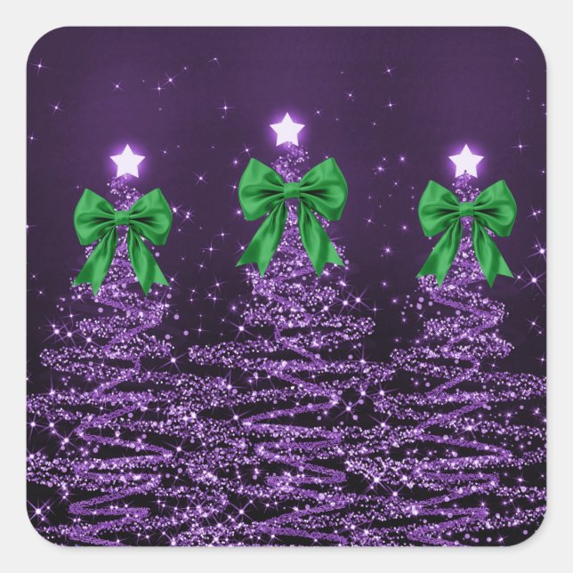 Sticker Carré Christmas Sparkling Trees Purple Faux Green Bow  (Devant)